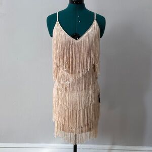 Lulu's Cream Fringe Prom Dress